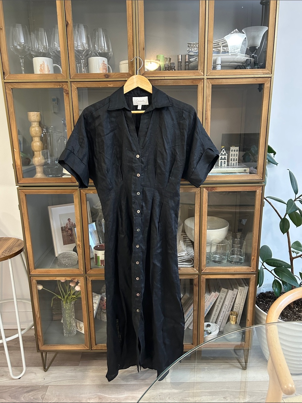 Cleobella 100% Linen Black Button-Front Shirt Dress